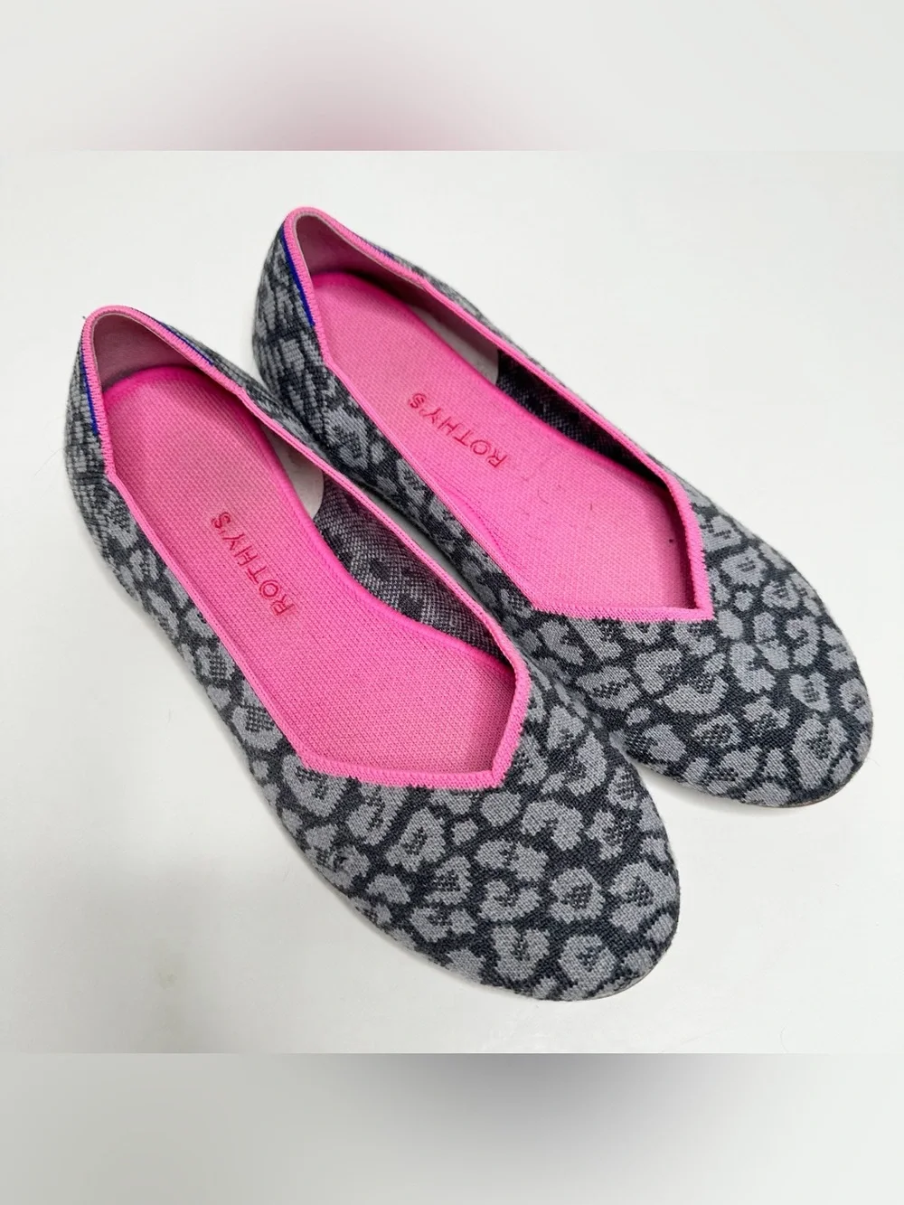Rothy's The Flat Haze Spot Grey Leopard Pink Trim Size 10.5